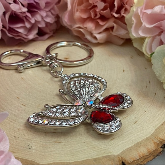 Silver and Ruby Red Crystal Butterfly Keychain Charm - Picture 12 of 16